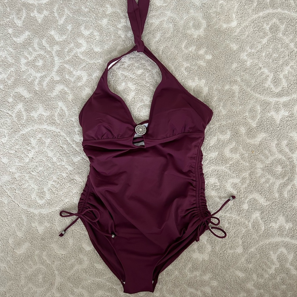 Merona L maroon red bathing suit swim halter rouged - Picture 1 of 6